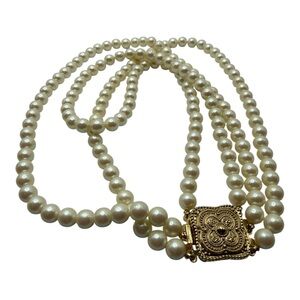 Vintage 3 Strand Faux Pearl Necklace Ornate Gold Tone Clasp-Classic Bridal Style